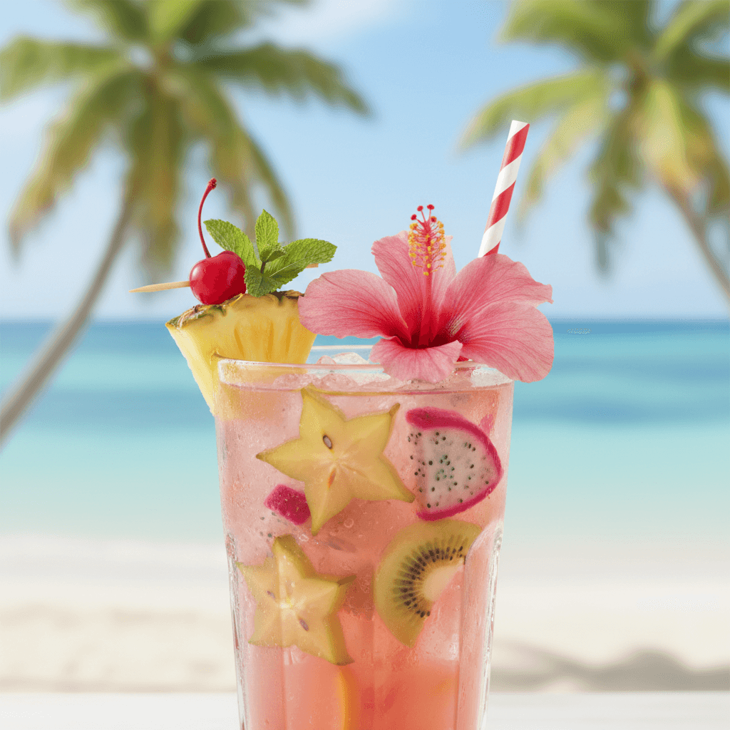 Tropical fruit juice mixed drink with retro garnish